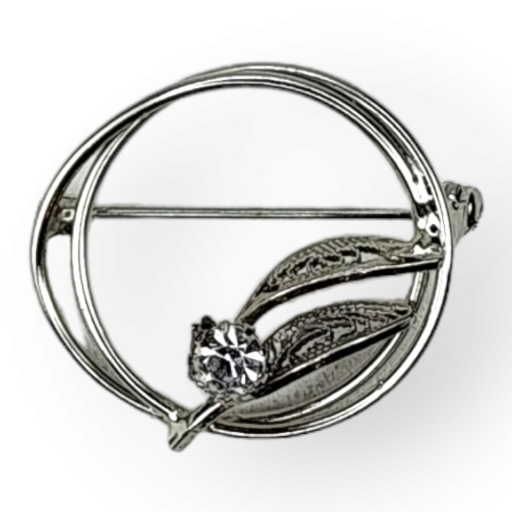 Unsigned Brooch Pin Silver Tone OS Silver Vintage Circle Rhinestone Leaf